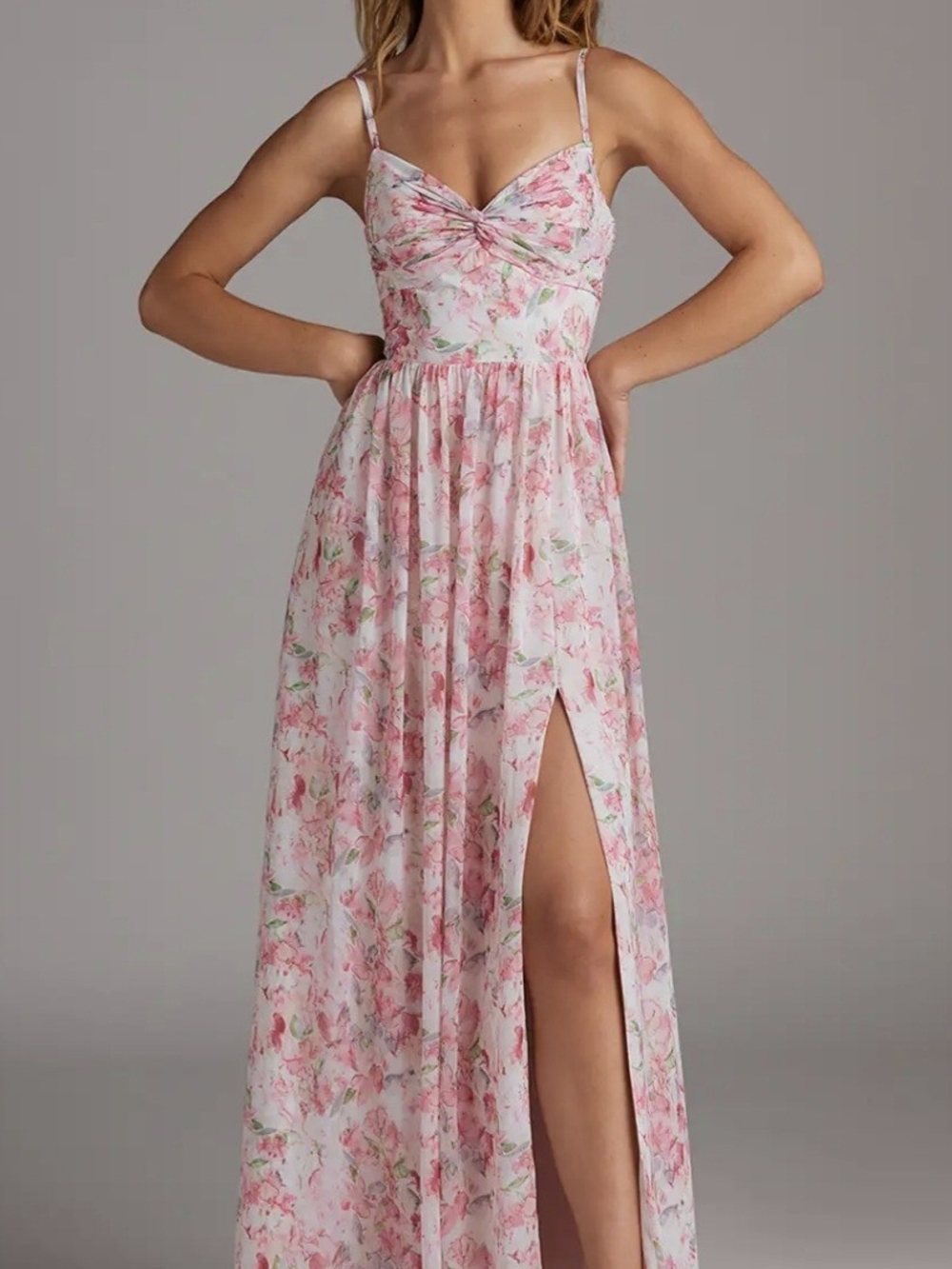 Azazie Pink Floral Spaghetti-Strap Maxi Dress